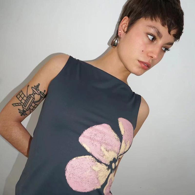 2026 Neue Mode Damen Crop Tanktops Eng Anliegend Blumenprint U-Boot-Ausschnitt Ärmellos Sommeroberteile für Party Club