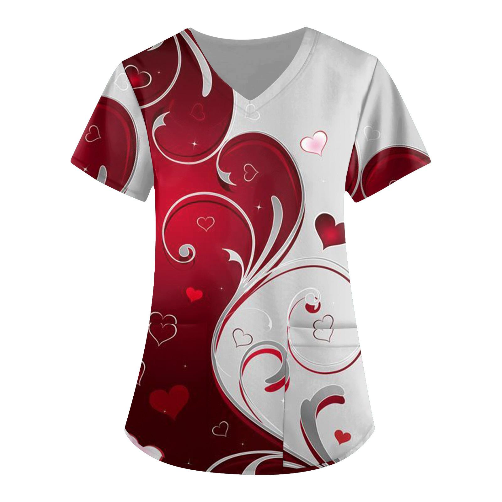 

Женская мода, рабочая одежда с v-образным вырезом, короткими рукавами и карманами, топы с принтом, летние топы для женщин XXXL винный