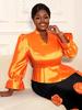 Plus Size Women's Orange V-Neck Puff Sleeve Slimming Top with Irregular Ruffles