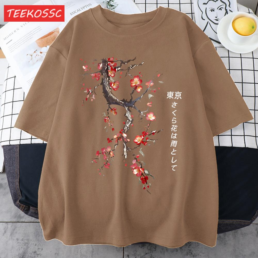 Cherry Blossoms And Rain In Tokyo Men Retro TShirt Casual Cotton Tee Loose Hip Hop Clothes Male ONeck Comfortable Short Sleeve