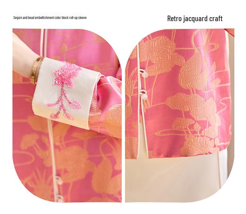 2025 Spring New Chinese Pink Jacquard Sequin Beaded Jacket Top ME5513