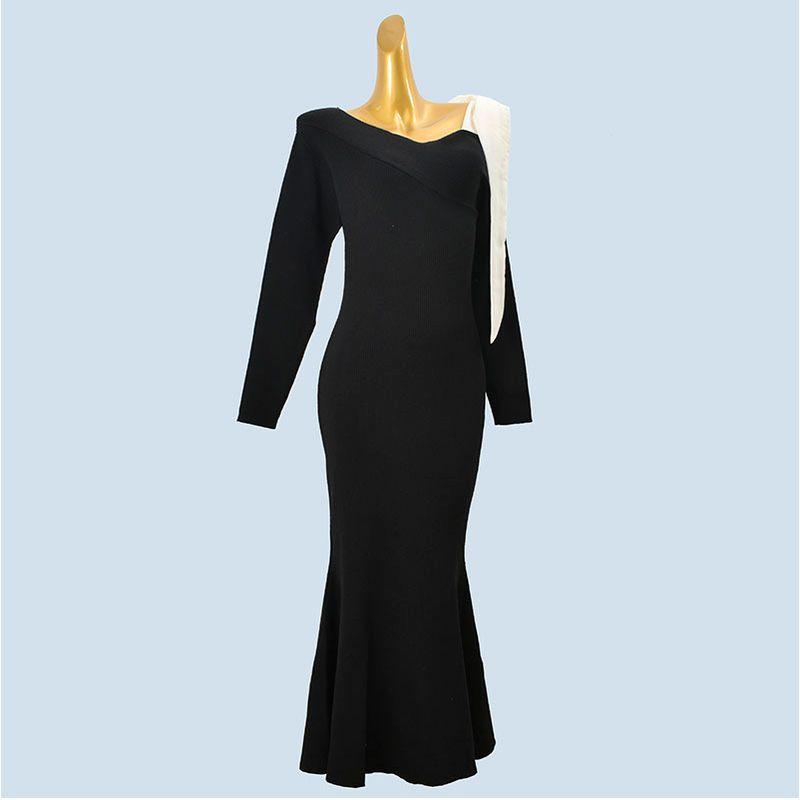 

Stylish Strapless Sexy Elegance Women s Autumn and Winter Clothing Long-Sleeved Fishtail Dress Female V Neck Elegant Pullover Long Dress Black All yards
