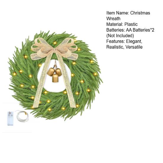Artificial Christmas Wreath with Bow And Bells Realistic Pine Greenery for Door Wall Decor Outdoor Indoor LED String Lights Xmas Thanksgiving