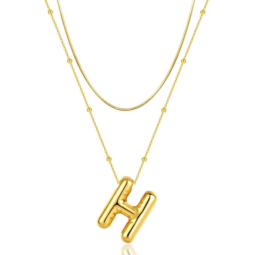 14K Double Round Snake Bone Chain Bead Chain Biscuit Balloon Letter Neck Chain Bubble Letter Foam Letter Necklace