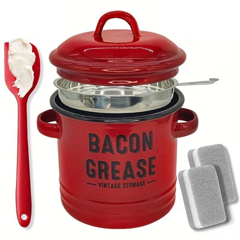 652F Enamel Bacons Grease Storage Container Jar with Strainer And Silicone Spatula Tool For Flavor Preserving Fat Keeper Box