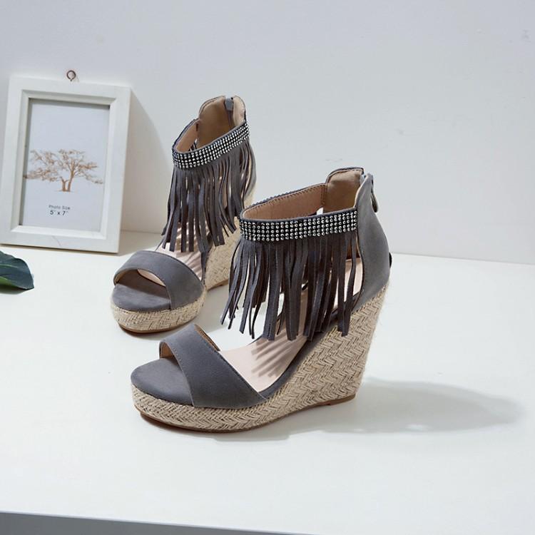 European and American Foreign Trade Sexy Rhinestone Fringed Fashion Slope Heel Sandals Women's Thin Heel Hollow Roman Shoes Large Size Women's Shoes