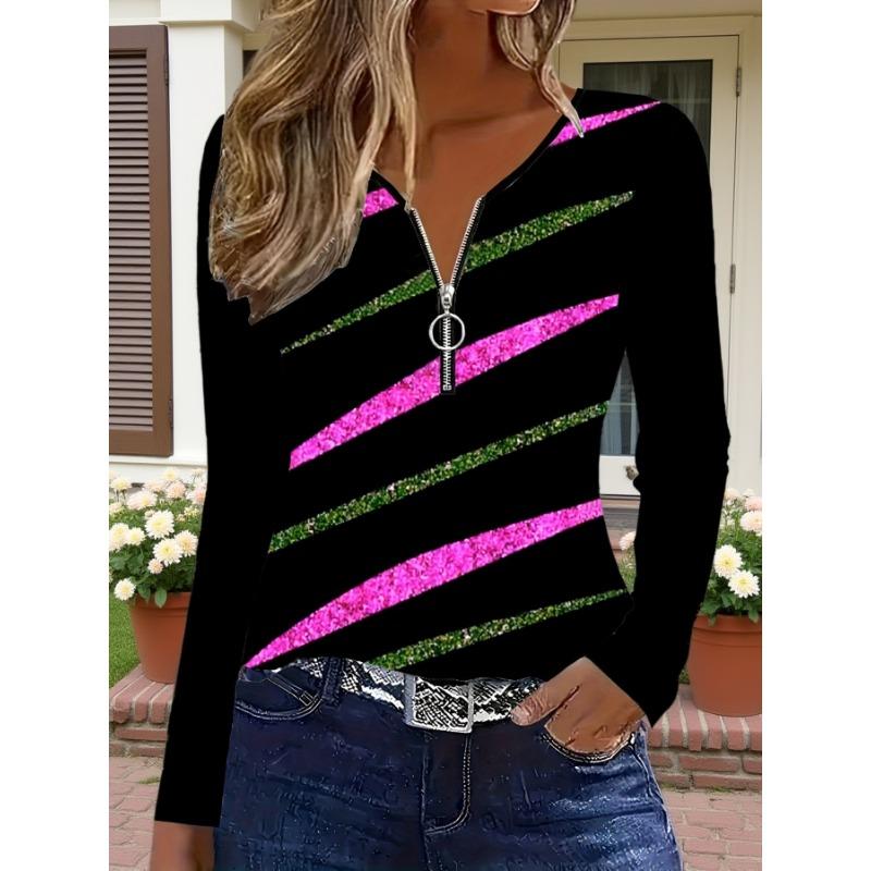 Spring and Autumn New Women's Fashionable Rainbow Stripe Print T-Shirt Tops Long Sleeves