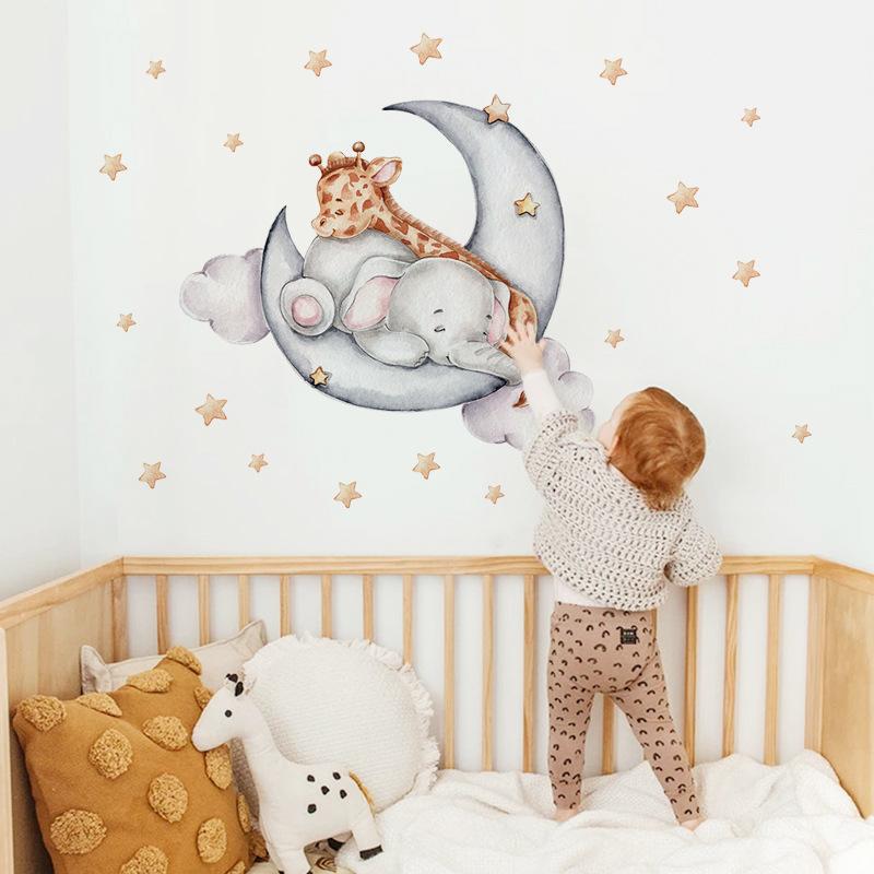 Goodnight Moon Baby Elephant and Deer Cartoon Wall Stickers, Self-Adhesive Cute Animal Decor for Kids Room Decoration