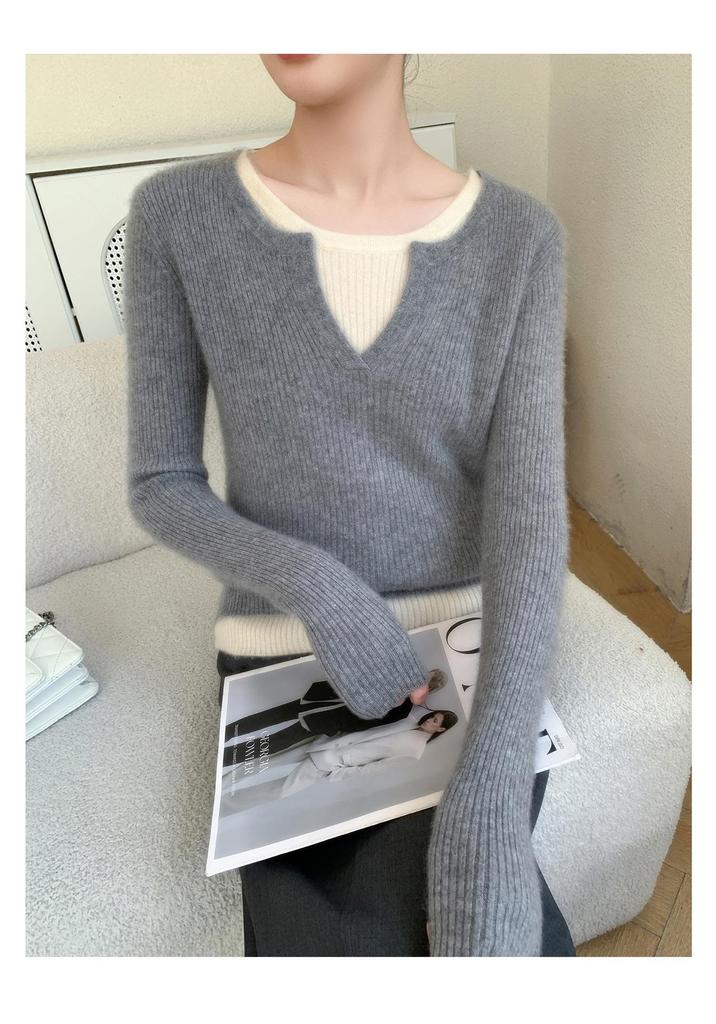 Double-Layer Striped Cashmere Knit Sweater with Mixed Neckline for Ladies