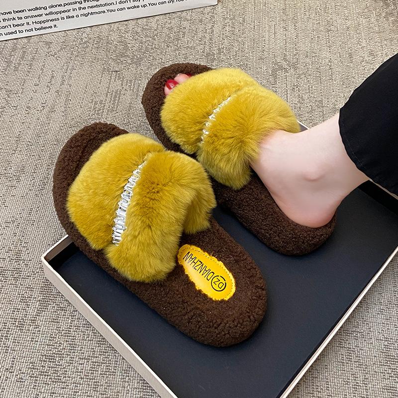 Thick-bottomed New Fluffy Slippers for Women, Thick-bottomed Non-slip, Fashionable and Versatile One-word Drag, High-end Plush Slippers for Women