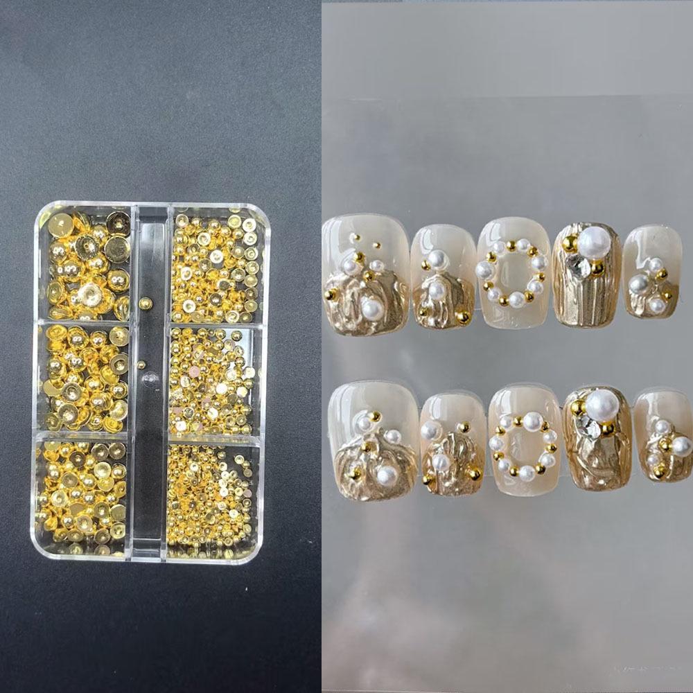 

Нейл-арт в панк-стиле, золотые и серебряные заклепки: Полукруглые стальные бусины, Плоское дно, Цельные полусферы-декорации