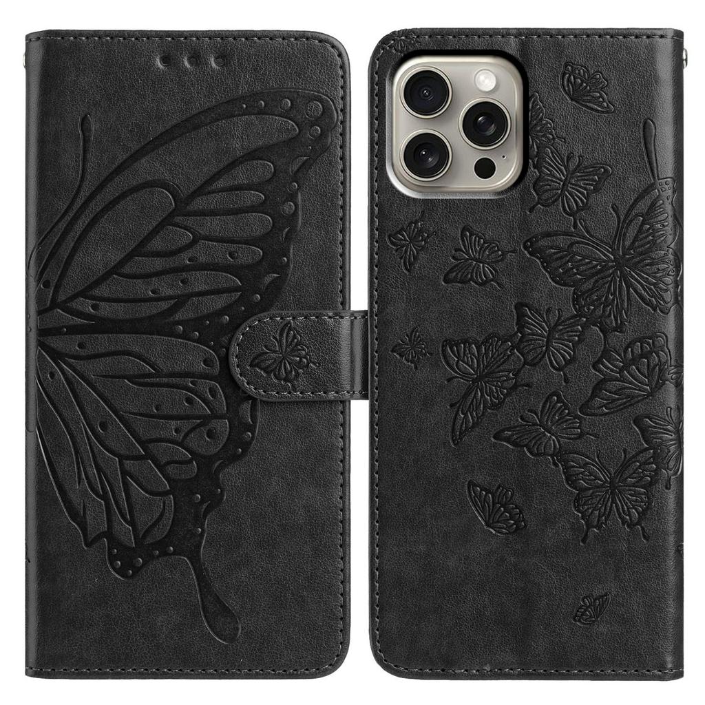 For iPhone 16 Pro Max Case Butterfly Imprinted Wallet Stand PU Leather Flip Phone Cover with Strap