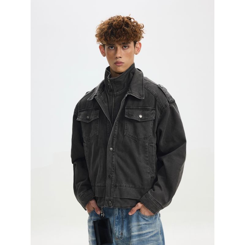 

Cabbage Coke American Retro Stand-Up Collar Vintage Faux Two-Piece Cotton Jacket Men s Autumn and Winter Boxy Short Wide Coat Gray X L
