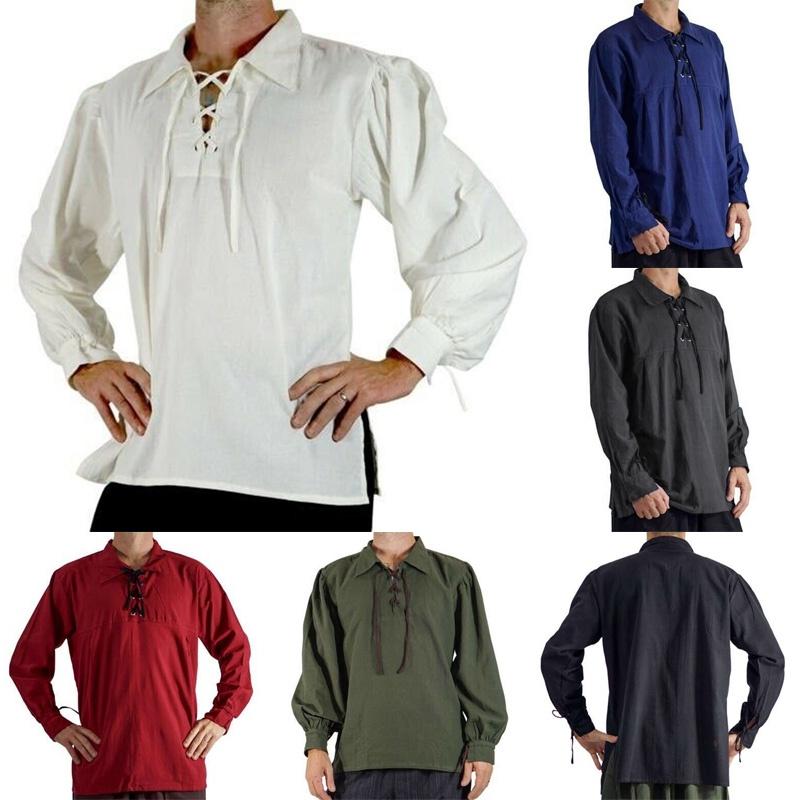 V-neck Lace Up Medieval Peasant Shirt In Cotton Blend For Ren Faire Cosplay