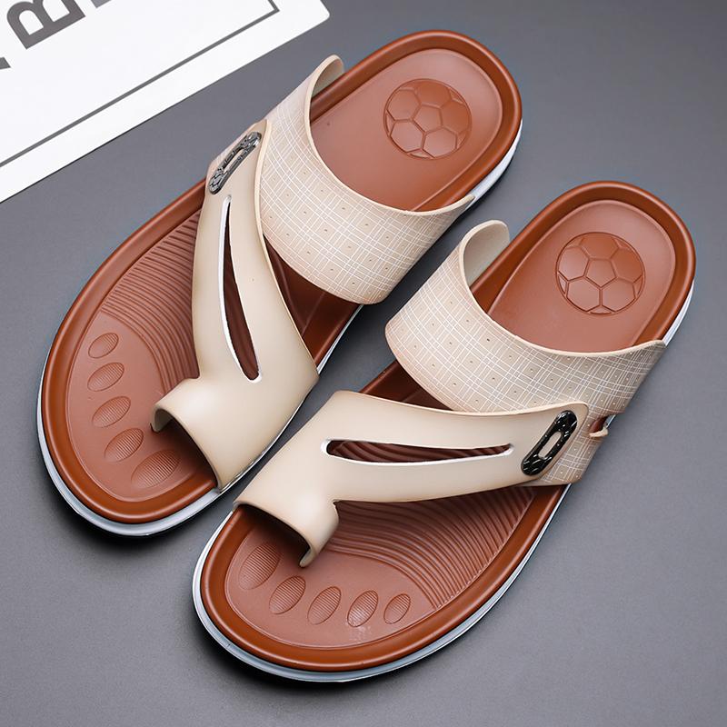 Men Flats Slippers Summer Brown Wide Head Roman Sandals Retro Flip Flops Black Leather Beach Shoes Plus Size