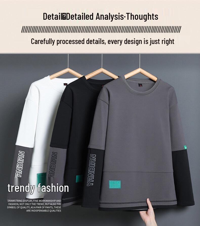 Autumn 2023 Men's Round Neck Sweatshirt - Fake Two-Piece, Versatile, Casual, Handsome Style