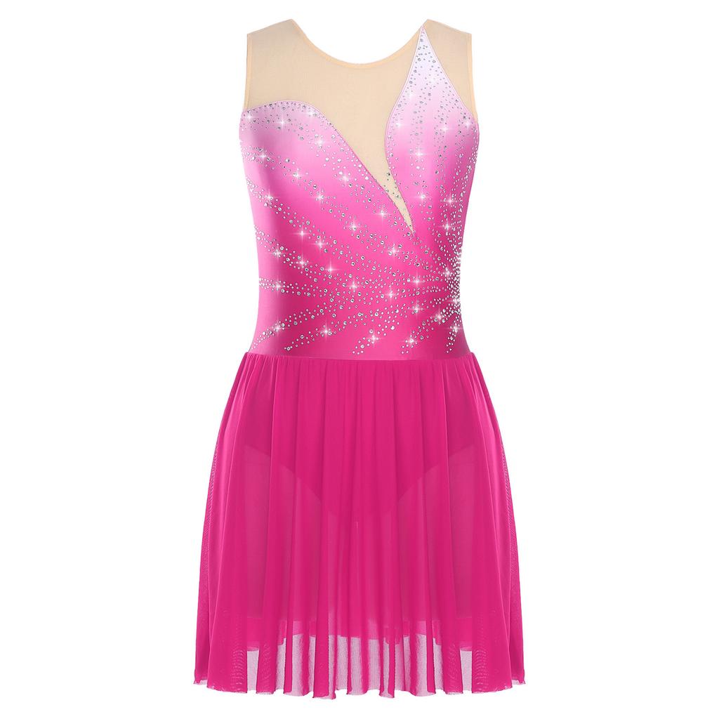 Womens Figure Skating Dress Rhinestones Mesh Patchwork Sleeveless Ice Skating Dress Built In Crotch Briefs