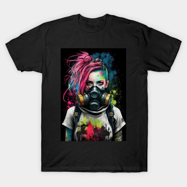Men Black Print T-shirt Punk Girl Wearing Gas Mask | Post-Apocalyptic | Anarchist Streetwear | Punk Fashion | Colorful Punk Artwork | Tattoos And Pier 4XL чёрный