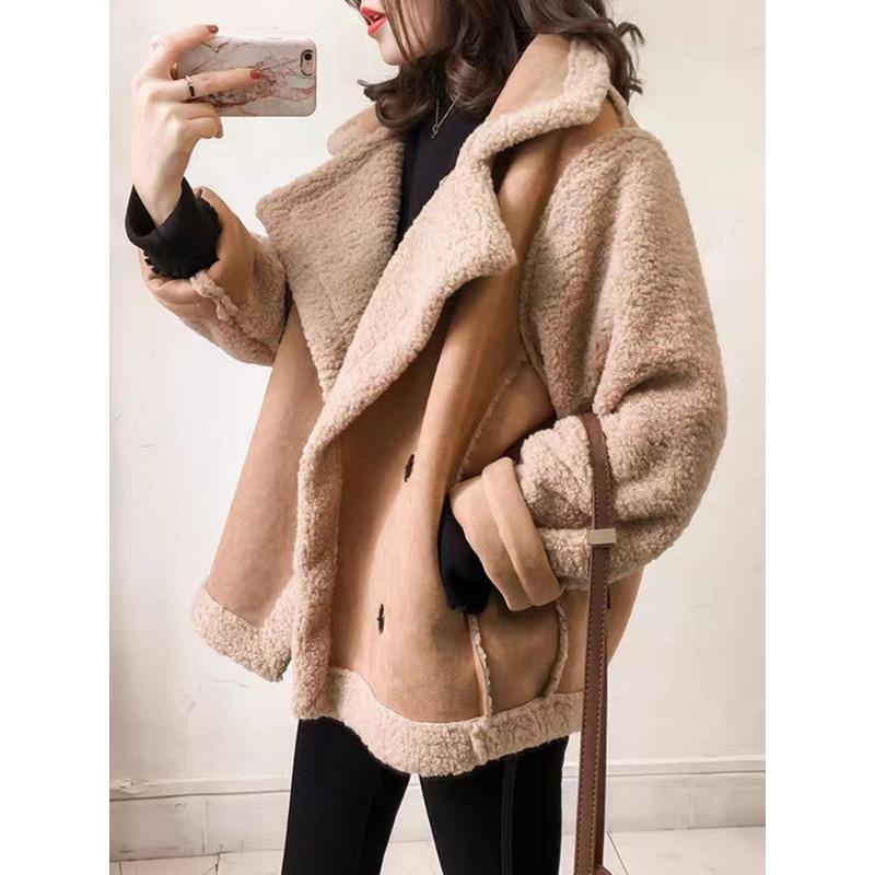 

Зимняя новая женская свободная куртка из овечьей шерсти с большим лацканом S