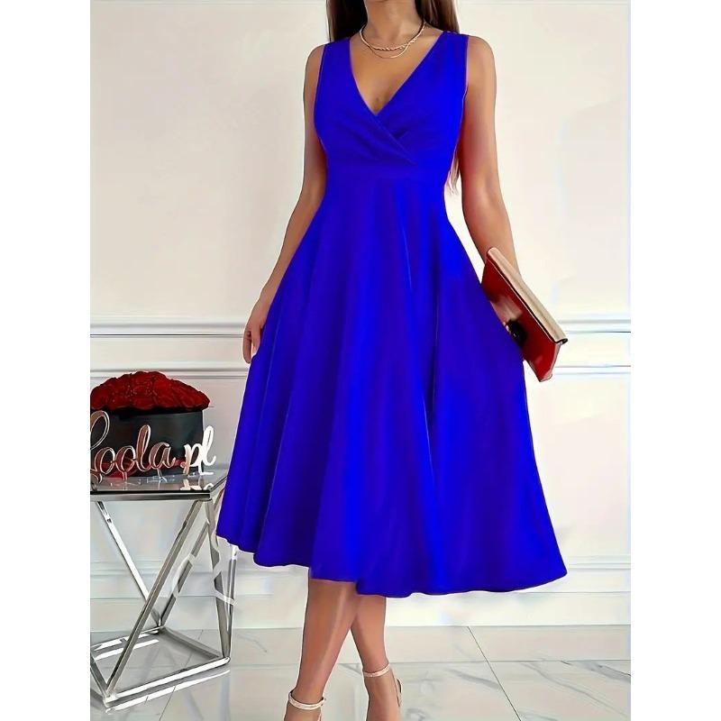 JPNTKY Fashion Summer Spring Solid Color Print Sleeveless V-Neck Casual Dresses