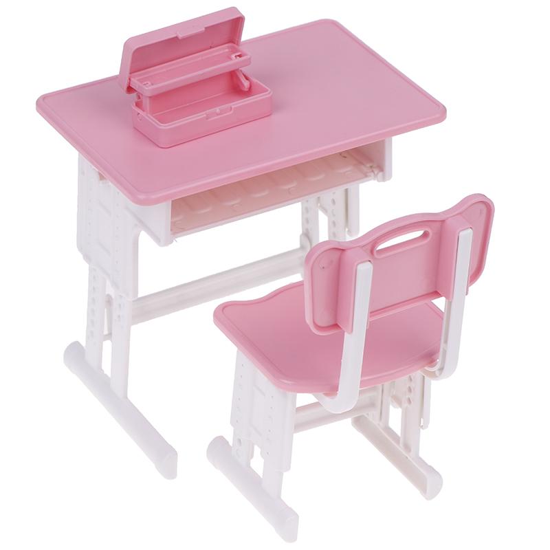 1 Satz Miniatur Puppenhaus Schultisch Stuhl + Stiftebox Rollenspiel Schreibwarenmodell für Puppenzubehör Spielzeug