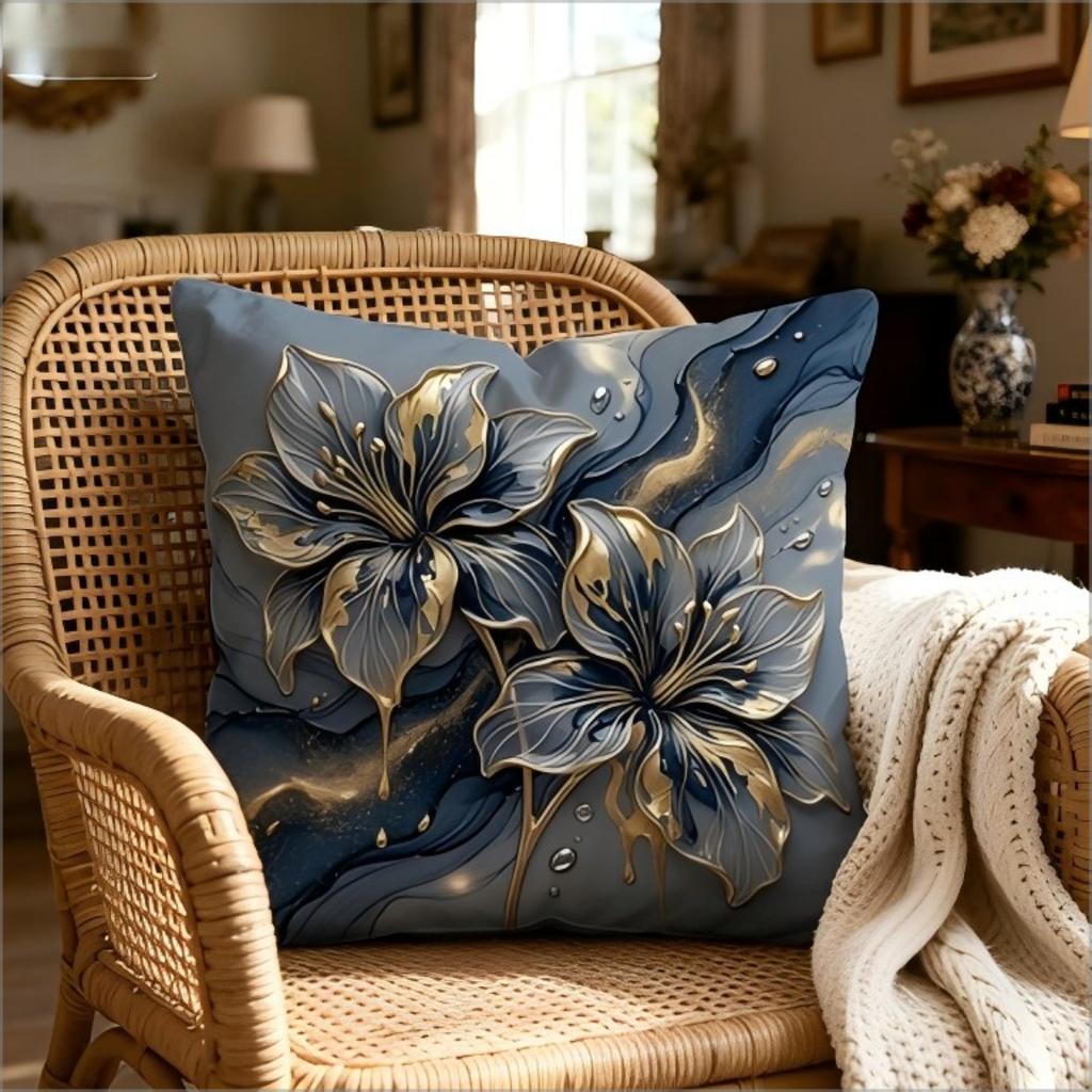 Luxury Blue Gold Lily Floral Print Throw Pillow Cover, Marble Fluid Art Style Decorative Cushion For Living Room Bedroom Sofa
