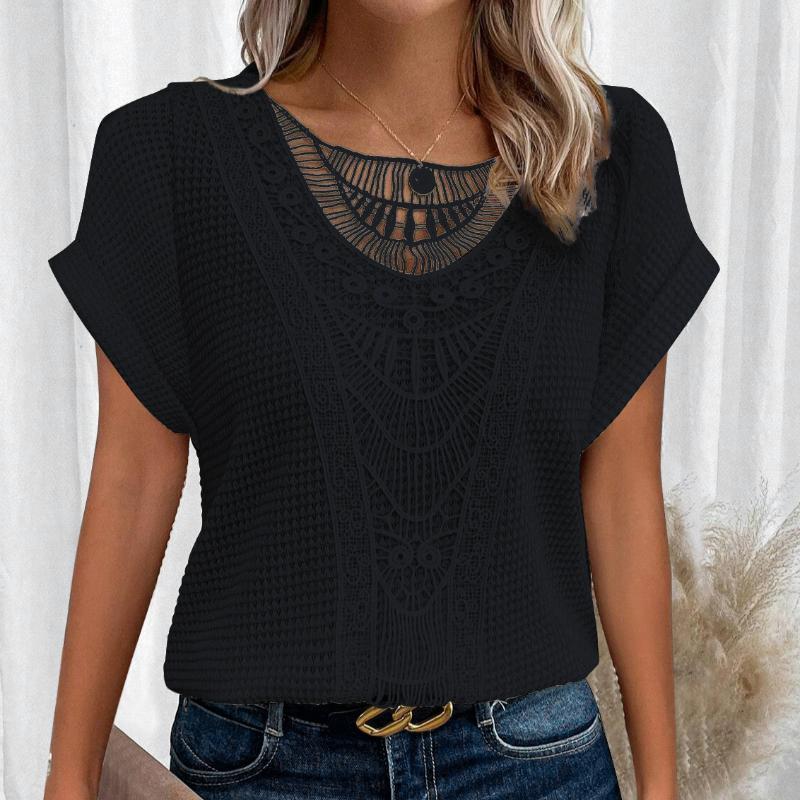 

Летняя новая кружевная лоскутная рубашка с коротким рукавом больших размеров для женщин, модная повседневная свободная женская блузка с круглым вырезом, элегантные винтажные офисные женские топы 26651 5XL