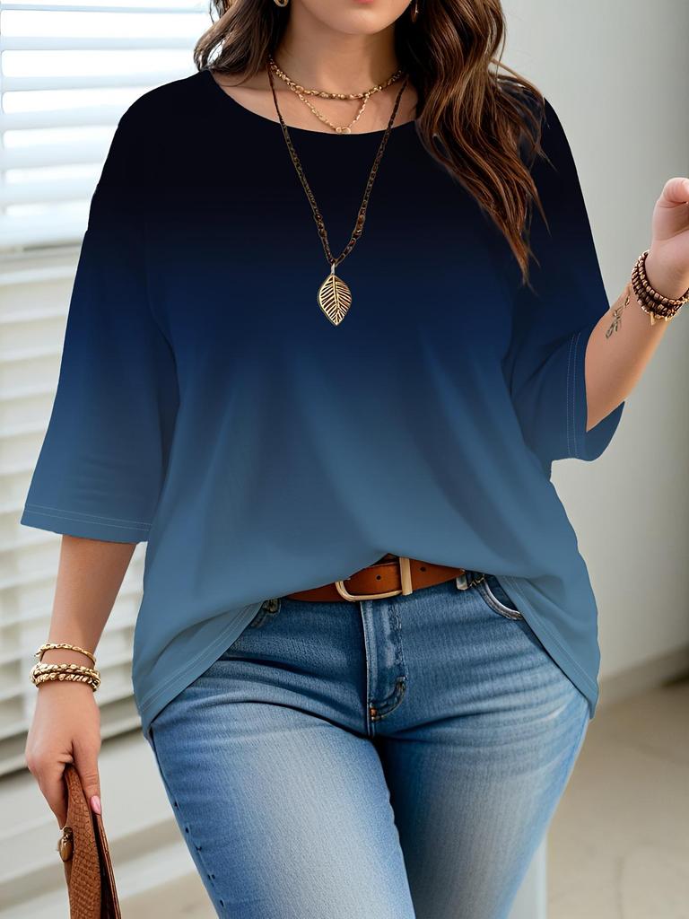 2025 New Gradient Color Women's Casual Round Neck T-shirt - European & American Fashion