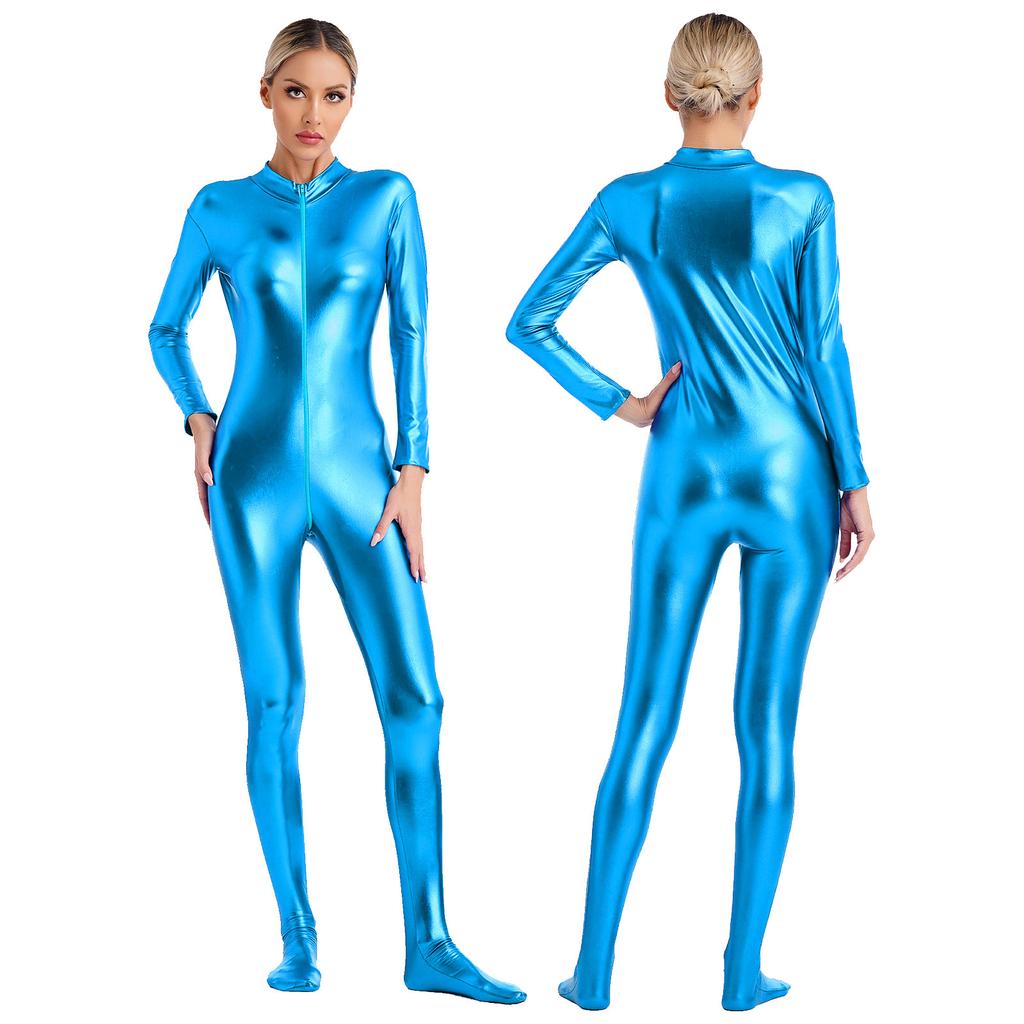 Womens Metallic Shiny Zentai Jumpsuit Mock Neck Long Sleeve Front Zipper Full Body Unitard Tights for Dance Performance