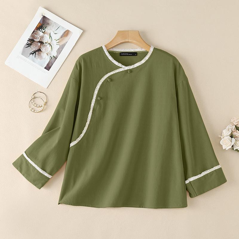 ZANZEA Women Lace Splice Round Neck Casual 3/4 Sleeve Cotton Blouse