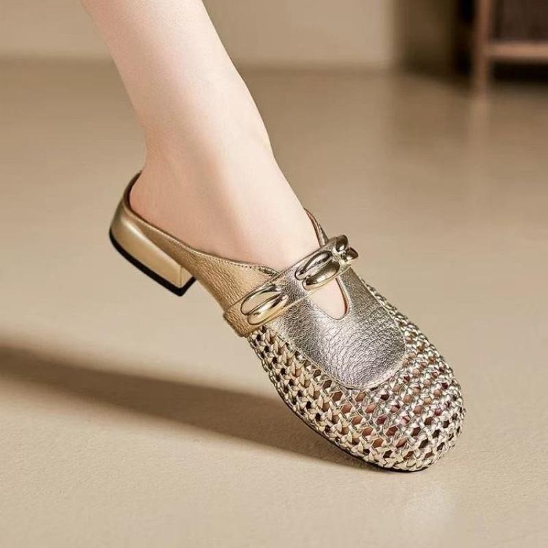 Wide Head Design Baotou Half Slippers Women's Summer Outside Wear Hollow Woven Metal Buckle Non-slip Cool Slippers