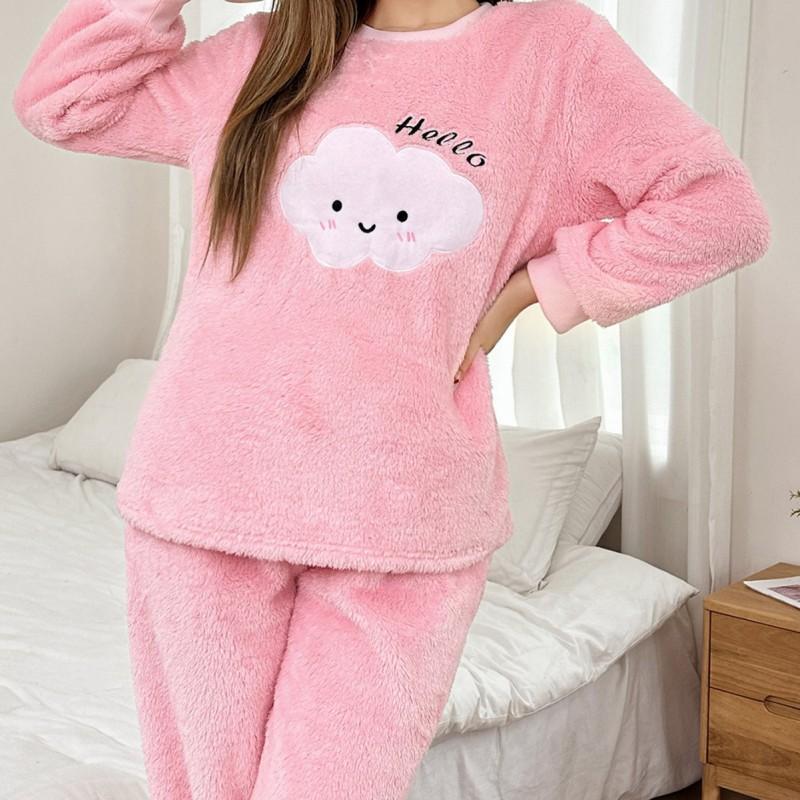 Soft Cloud Embroidery Flannel Pajama Set Women - Cozy Warm Winter Sleepwear With Round Neck Long Sleeve