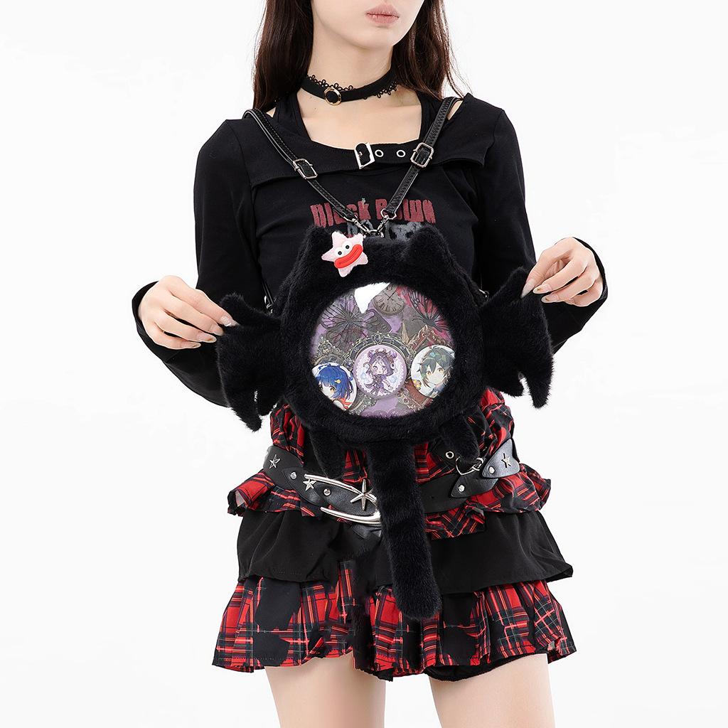 Gothic Bat Wing Plush Cat Ita Bag, Black Fuzzy Crossbody Backpack with Clear Window, Kawaii Dark Lolita Shoulder Bag