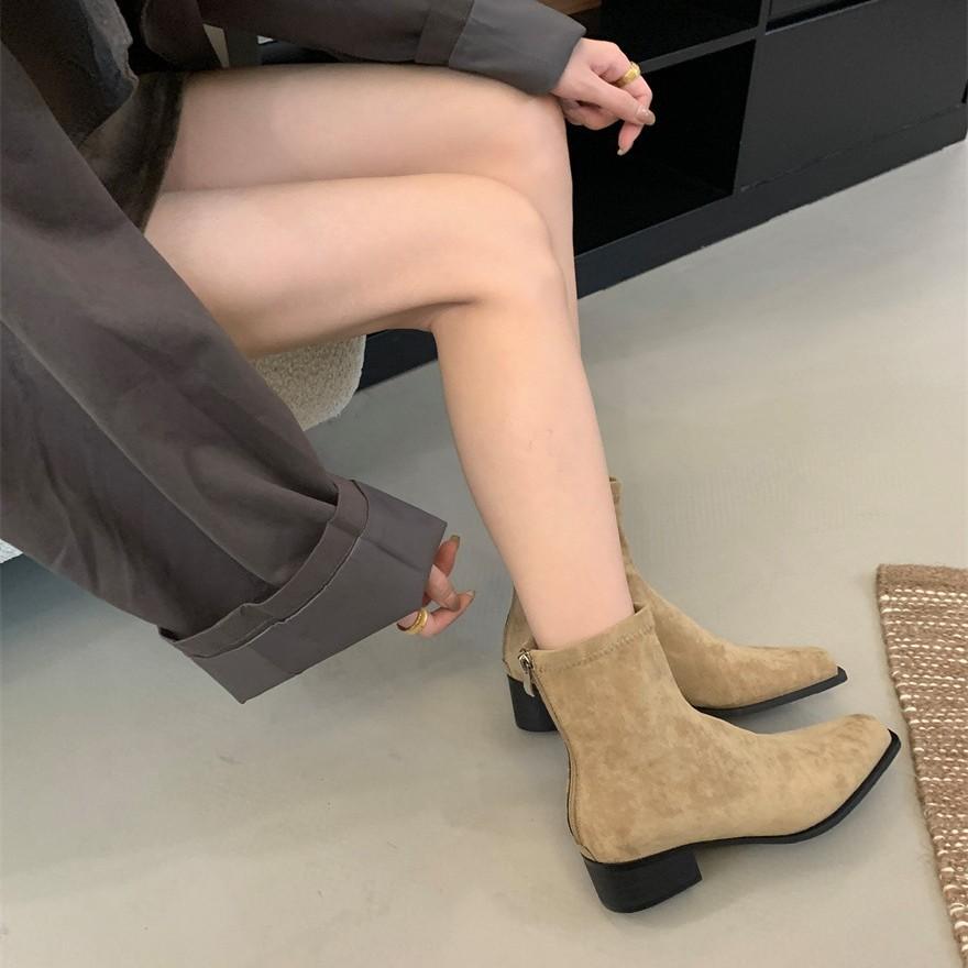2025 autumn and winter new thick heel suede Korean small ankle boots women's versatile fashion thin boots short boots
