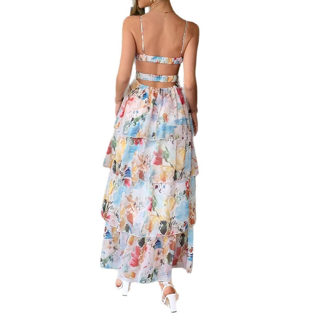 Lässiger Urlaubsstil, Neckholder-Kuchenkleid mit Druck, Langes Kleid, Damenkleid, Frühling und Sommer