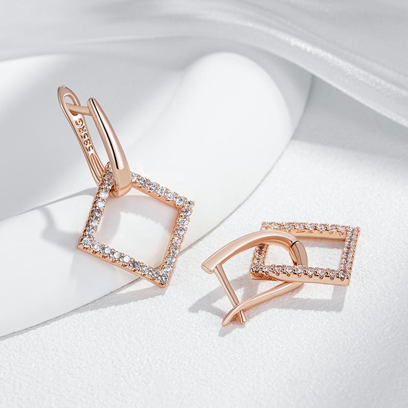 Geometric Rhombus Full Natural Zircon Hoop Earrings For Women  Rose Gold Color Daily Fine Elegant Female Jewelry