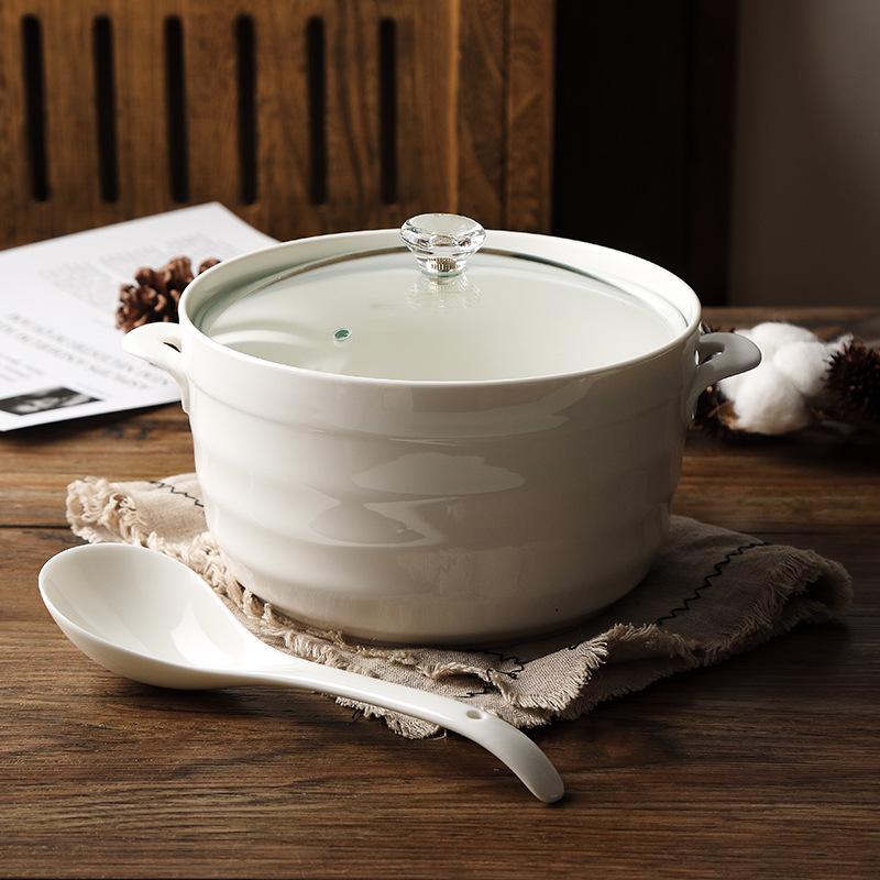 Double Ear Ceramic Soup Bowl Set with Lid - Microwave Safe, Includes Large Spoon and Tureen, Pure White, Creative Design (8 Bowls)