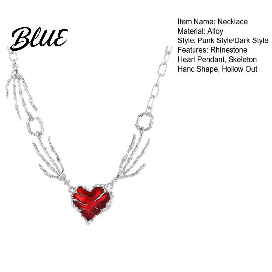 Chain Necklace Women Red Rhinestone Heart Pendant Skeleton Hand Shape