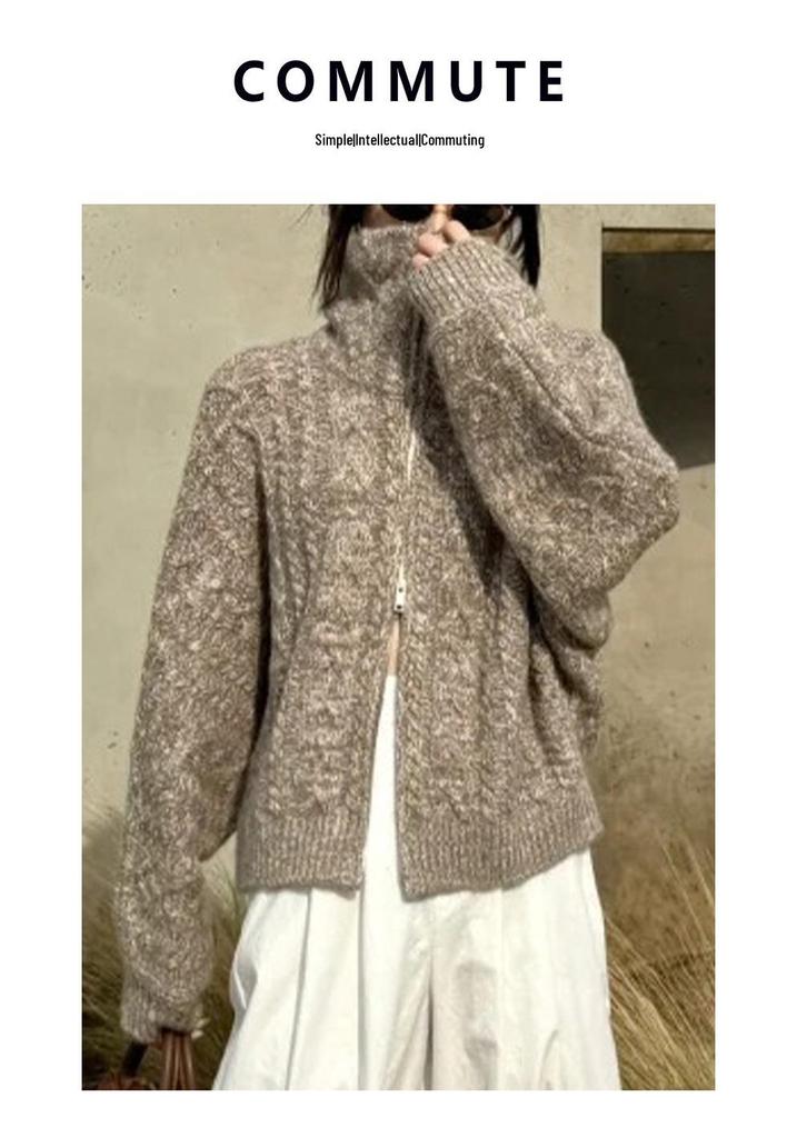 Retro Cashmere Cable Knit Batwing Sleeve Cardigan with Double Zipper, Perfect for Autumn/Winter.