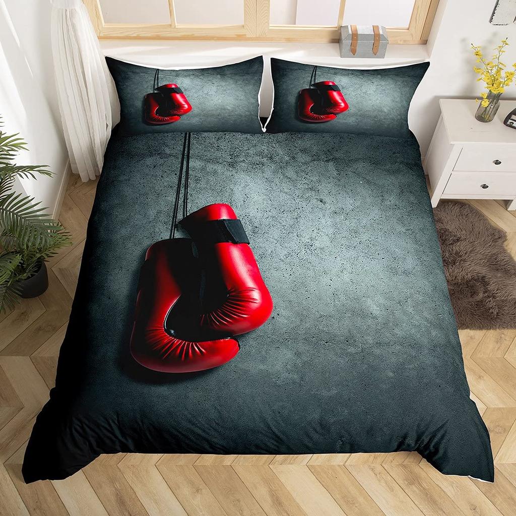 Boxing Sport Duvet Cover Set Golden Boxing Gloves Comforter Cover Kids Boys Teens Yellow Fire Print Duvet Covers with Pillowcase