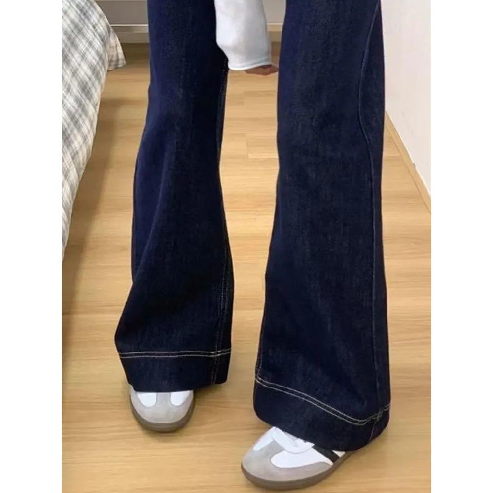 Women's High Rise Loose Fit Flared Jeans Fleece Lined Vintage Dark Blue Wide Leg Denim Pants Winter Floor Length Trousers