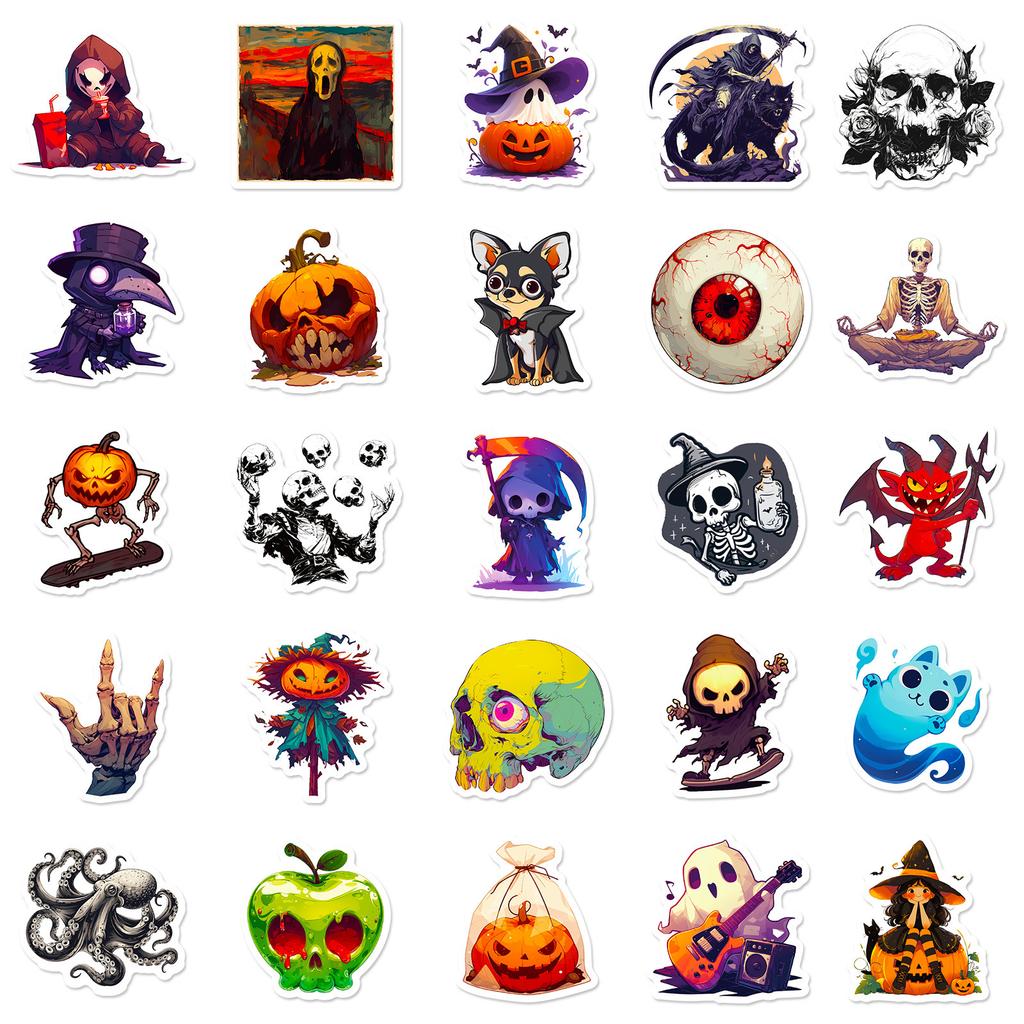 50 Halloween Stickers Skull Pumpkin Witch Grim Reaper Black Cat Cartoon Graffiti Stickers Halloween Stickers