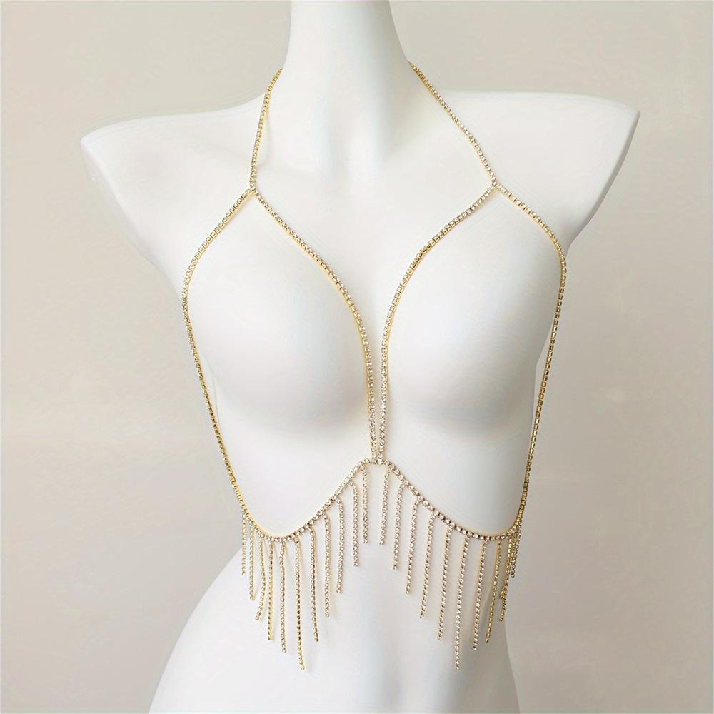 European And American Rhinestone Body Chain Sexy Neck Fringed Chest Chain Beach Bikini Body Chain золотой