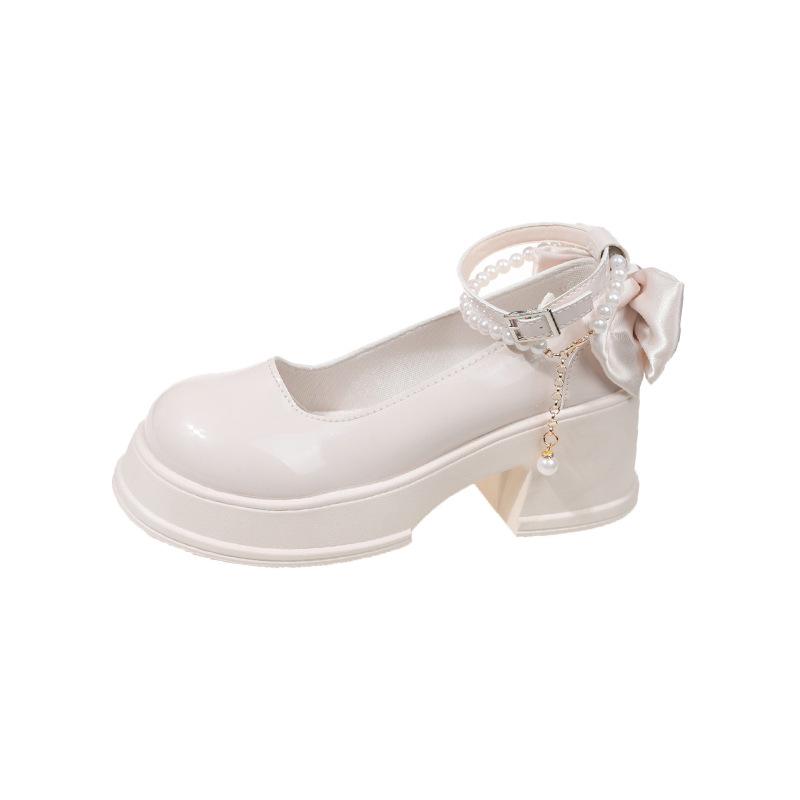 

Women s Mary Jane High Heel Shoes with Pearl and Chunky Heel - Spring 2024 Fashion, Versatile Leather Design with Inner Height Increase. 38 бежевый