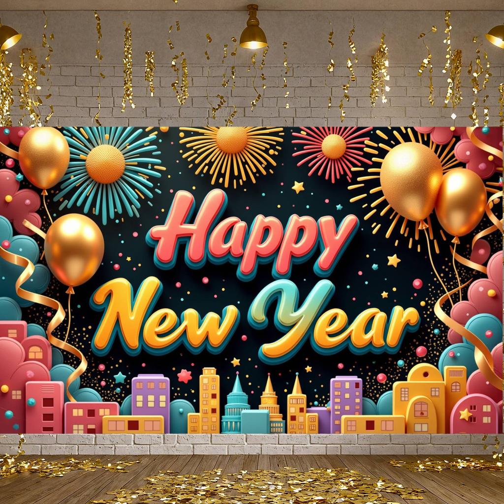 New Year Backdrop Party Backdrop Happy New Year Banner Golden Balloons Celebration Display For New Year Party Home