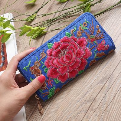Carteiras femininas bordadas estilo étnico, estampa de rosas, bolsa longa de pano, bolsa para dinheiro, bolso para telefone, bolsa para moedas feminina