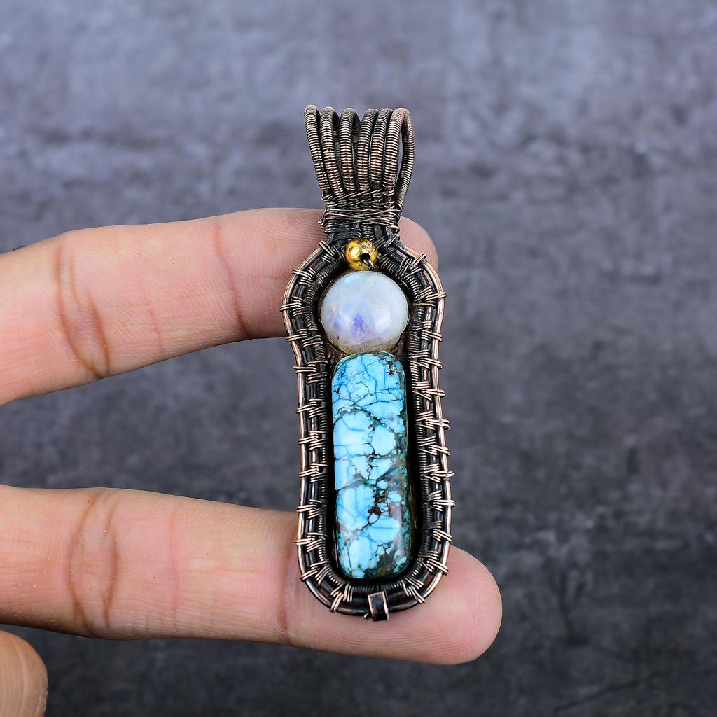 Natural Tibetan Turquoise, Moonstone Copper Wire Wrap Jewelry Pendant 3.15" N9l95