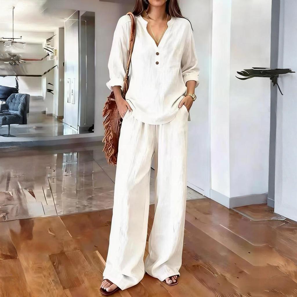 Women's Two-Piece -color Cotton And Linen Long-sleeved V-neck Top Straight-leg Casual Trousers Set