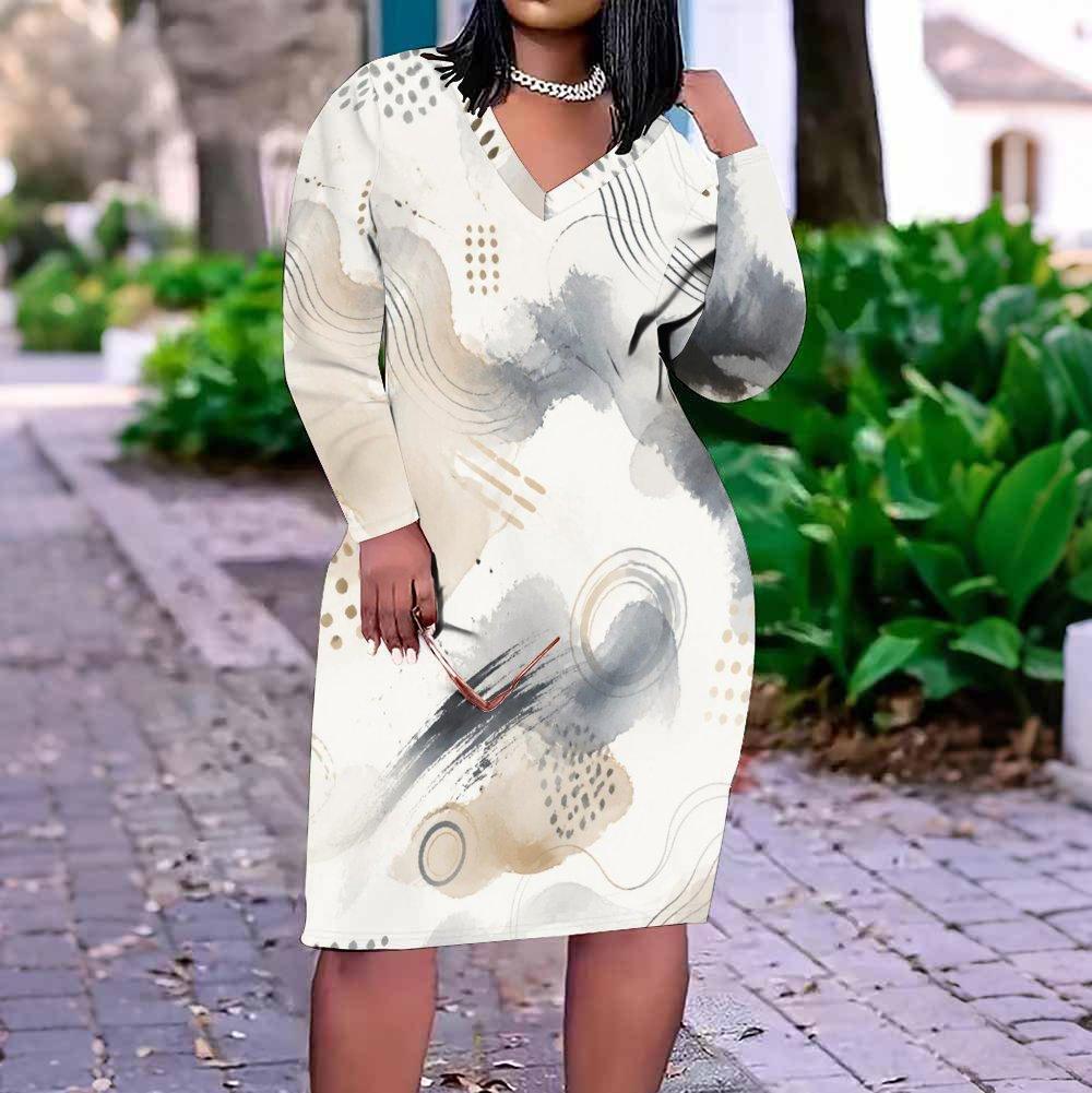 Women Plus Size V Neck Long Sleeve Printed Fitted Straight Midi Dress