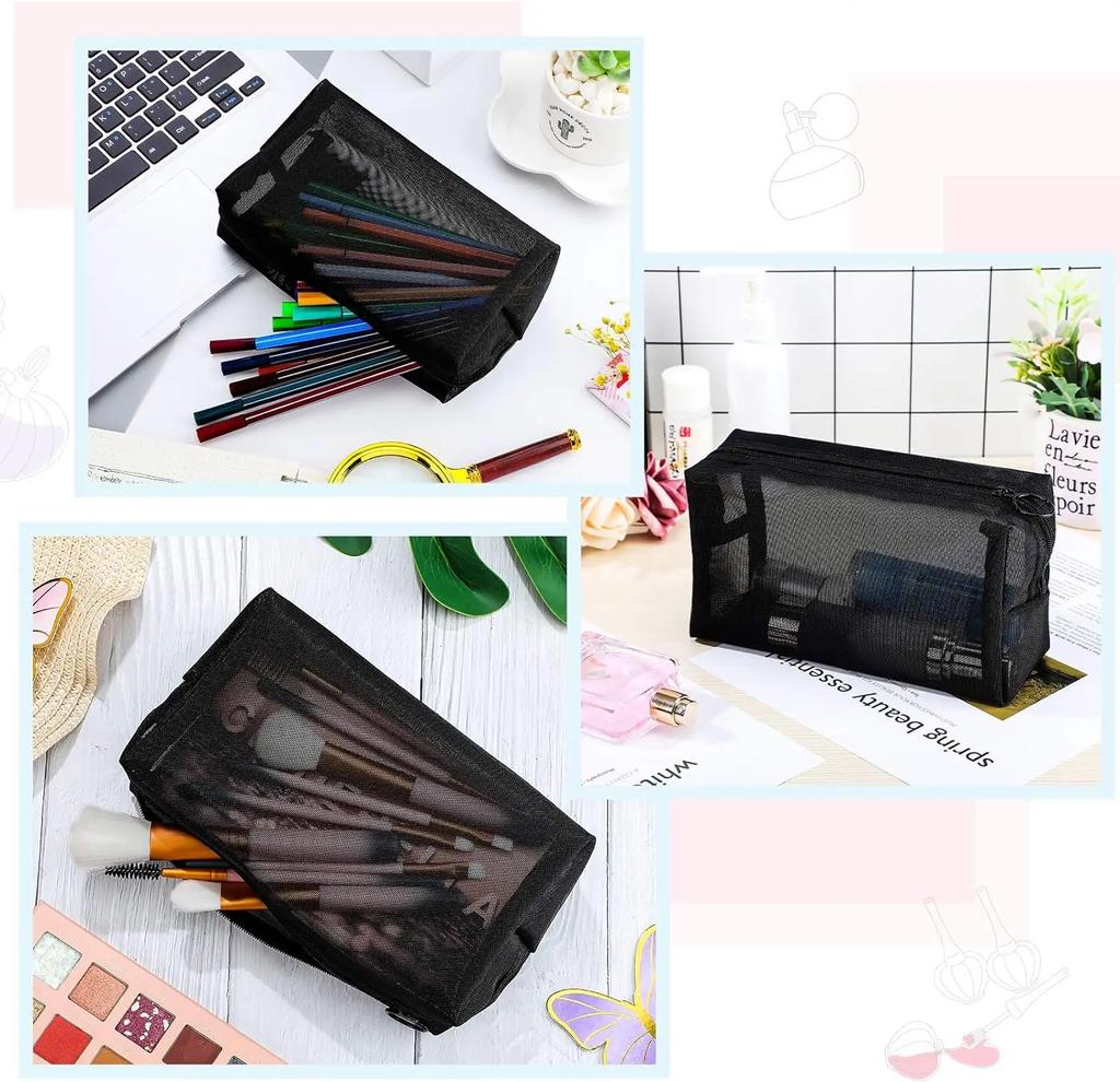 Wholesale Black Mesh Toiletry Bags Travel Makeup Bag Small Large Case Organizer Cosmetic Cases Toiletries Storage Handbag Pouch